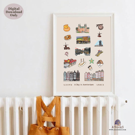 A Day in Amsterdam Travel Poster | Printable Amsterdam Wall Art