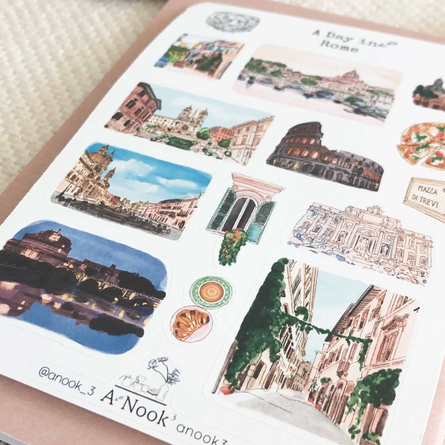 Rome, the 'Eternal City' is the most popular place to visit in Italy. This Rome sticker sheet is filled with its beautiful attractions and streets that will make your memory of Rome more personal, beautiful and special.