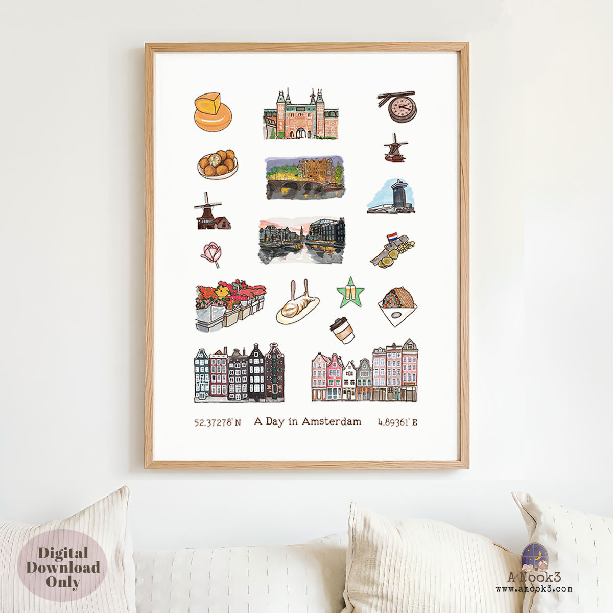 A Day in Amsterdam Travel Poster | Printable Amsterdam Wall Art