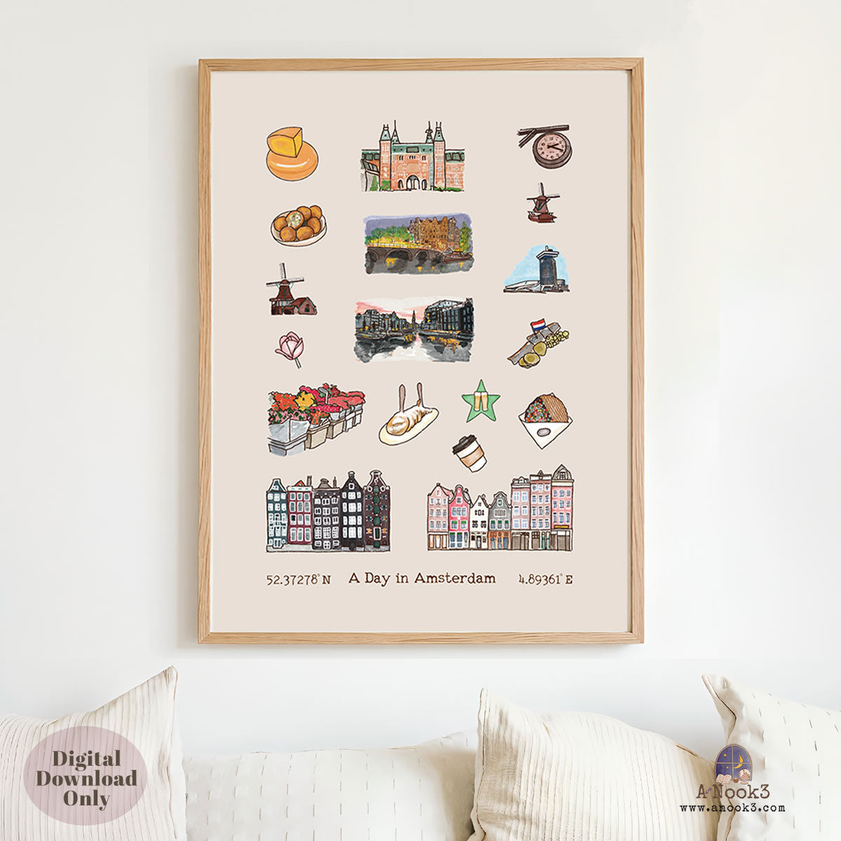 A Day in Amsterdam Travel Poster | Printable Amsterdam Wall Art
