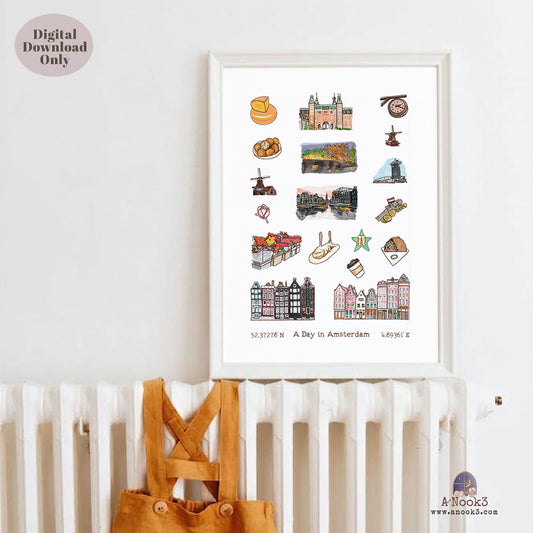 A Day in Amsterdam Travel Poster | Printable Amsterdam Wall Art