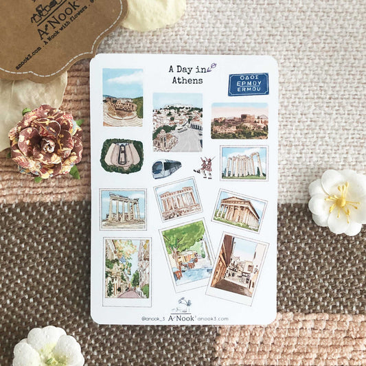 Athens' historical sites, attractions and streets are beautifully illustrated on our A Day in Athens sticker sheet and it will make your Athens more personal and memorable. It will also be a perfect gift for your loved ones who love this beautiful city.