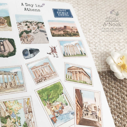 Athens' historical sites, attractions and streets are beautifully illustrated on our A Day in Athens sticker sheet and it will make your Athens more personal and memorable. It will also be a perfect gift for your loved ones who love this beautiful city.