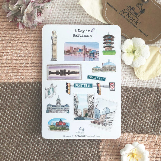 Our Baltimore travel sticker sheet is filled with the city's attractions and streets illustrated in water color.  Journal your beautiful memories with Baltimore with our stickers!  This sticker sheet will make your travel more personal, memorable and special.  It will also make a perfect gift for your loved ones who love this beautiful city.