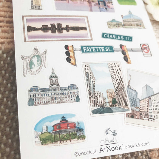 Our Baltimore travel sticker sheet is filled with the city's attractions and streets illustrated in water color.  Journal your beautiful memories with Baltimore with our stickers!  This sticker sheet will make your travel more personal, memorable and special.  It will also make a perfect gift for your loved ones who love this beautiful city.