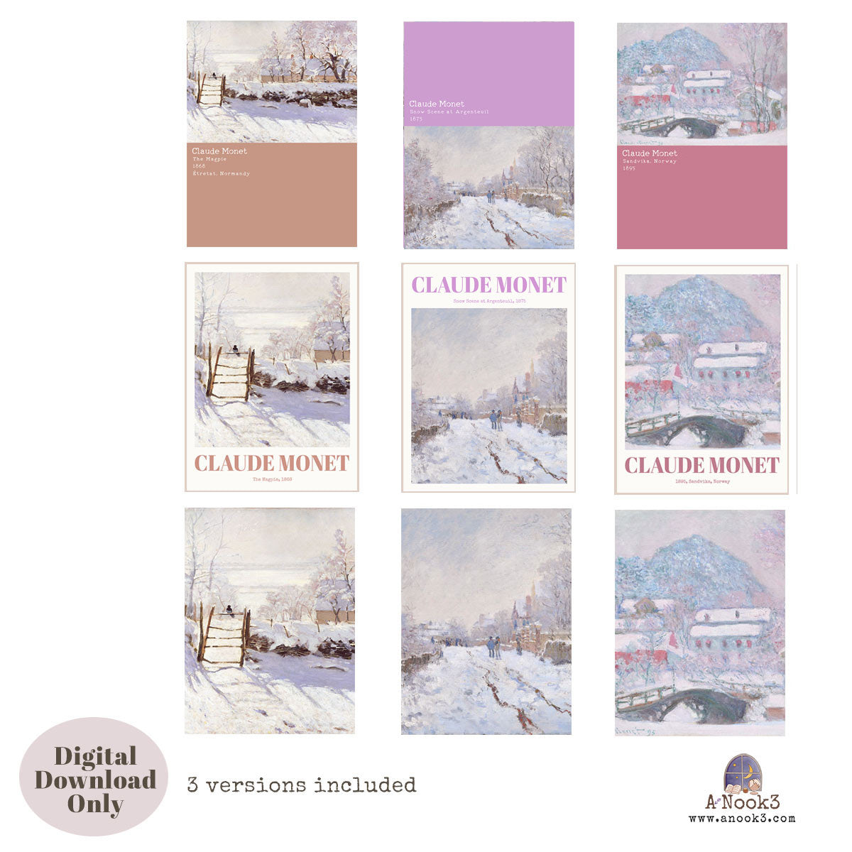 Claude Monet Winter Paintings Wall Art Set of 3
