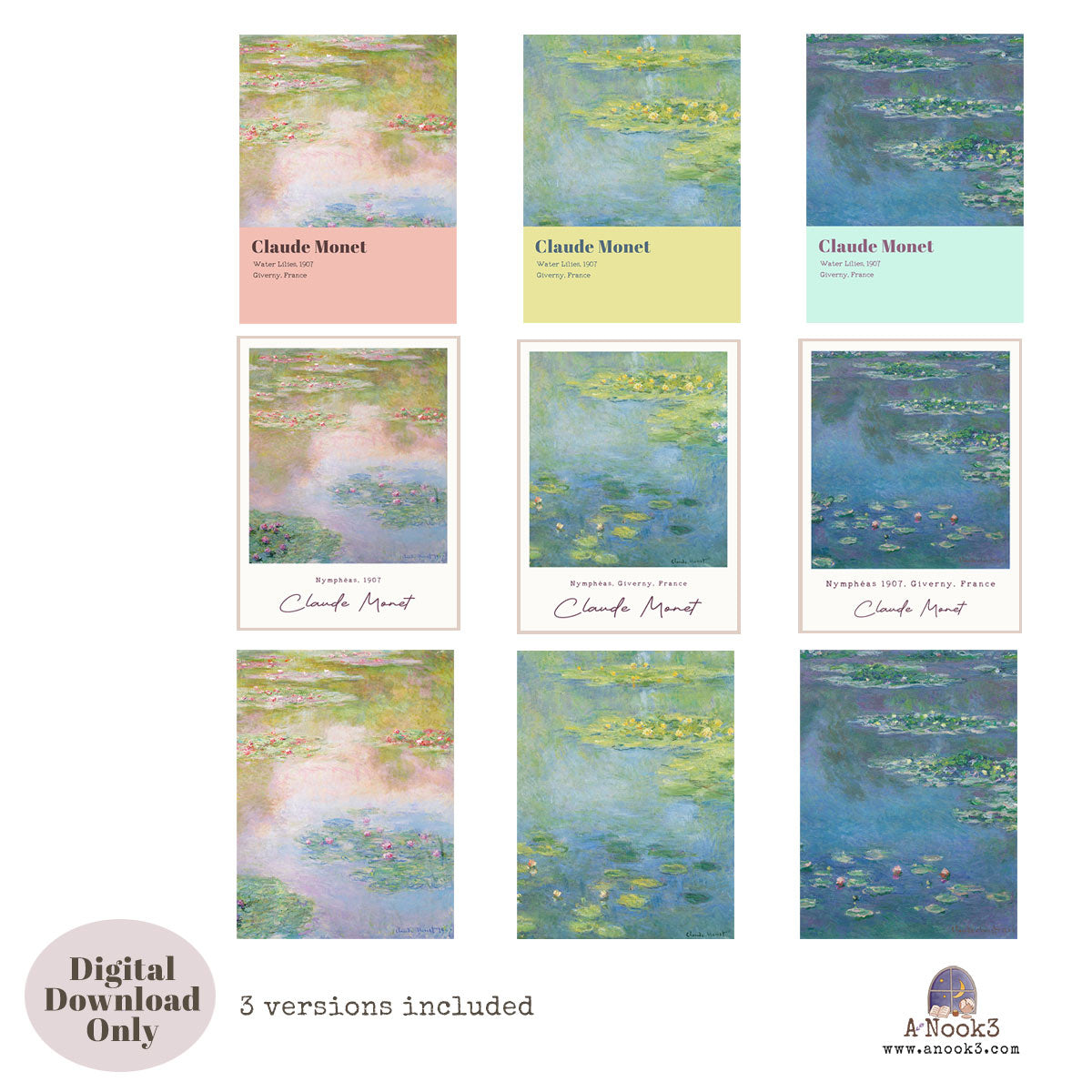 Claude Monet Water Lilies Wall Art Set of 3