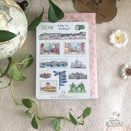 Our A Day in Galway sticker sheet is designed specifically for travel journal enthusiasts. This collection captures the essence of this charming Irish city, offering a delightful assortment of stickers that celebrate Galway's rich culture and breathtaking landscapes. 