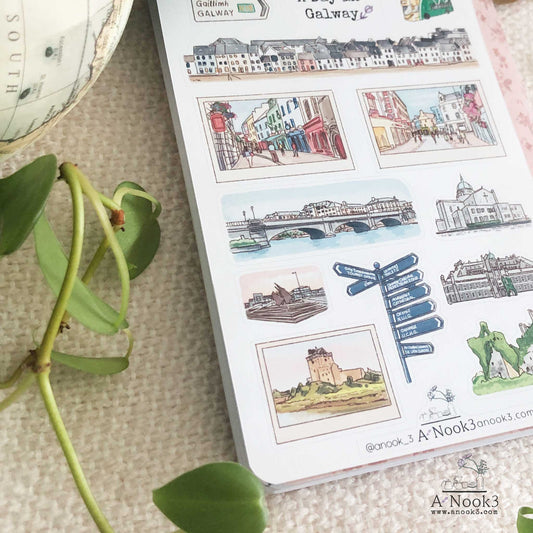 Our A Day in Galway sticker sheet is designed specifically for travel journal enthusiasts. This collection captures the essence of this charming Irish city, offering a delightful assortment of stickers that celebrate Galway's rich culture and breathtaking landscapes. 