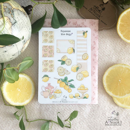 Our Squeeze the Day - Lemon sticker sheet filled with bright yellow and green colors is refreshing to look at and will be a fun touch to your aesthetic bullet journal or scrapbook.