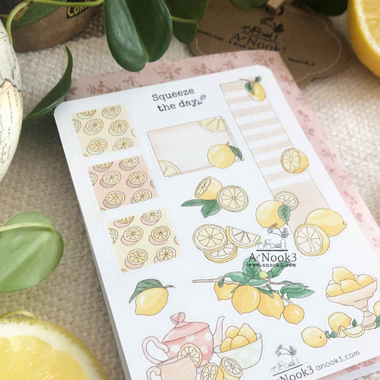 Our Squeeze the Day - Lemon sticker sheet filled with bright yellow and green colors is refreshing to look at and will be a fun touch to your aesthetic bullet journal or scrapbook.