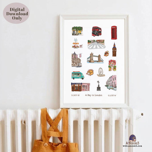 A Day in London Travel Poster | Printable London Wall Art