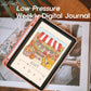A pink tablet case holding an e-reader displaying a colorful illustrated weekly digital journal cover, styled on top of an open book with a stylus in a pink case. Large white text at the top reads 'Low-Pressure Weekly Digital Journal.