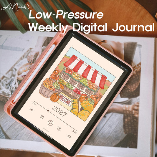 A pink tablet case holding an e-reader displaying a colorful illustrated weekly digital journal cover, styled on top of an open book with a stylus in a pink case. Large white text at the top reads 'Low-Pressure Weekly Digital Journal.