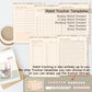 A collage of habit tracker templates and matching planner stickers arranged on a light background, with a tablet showing the year 2027 and a coffee cup. Text reads 'Habit Tracker Templates' and lists weekly, 21 day, monthly, step, and sleep trackers.