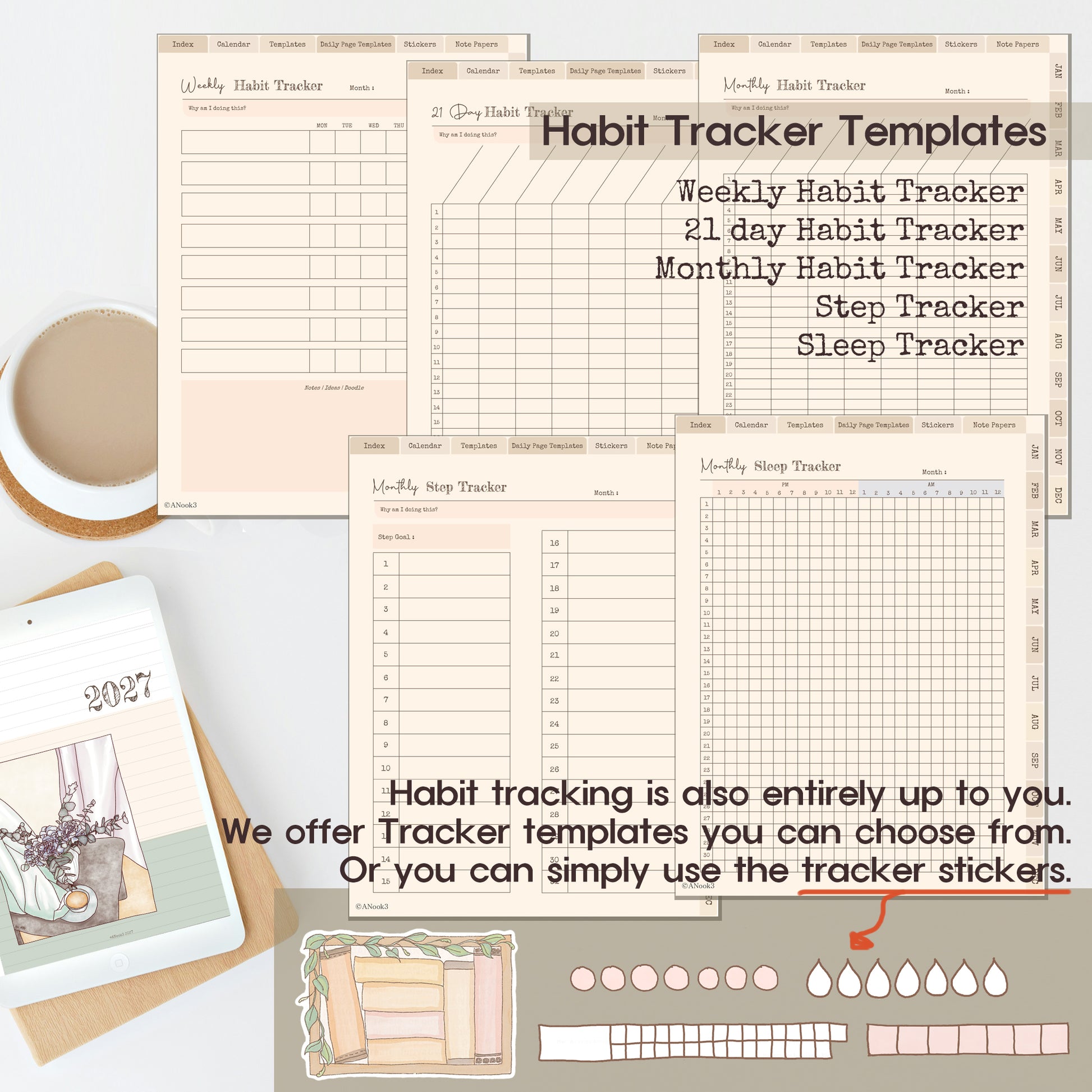 A collage of habit tracker templates and matching planner stickers arranged on a light background, with a tablet showing the year 2027 and a coffee cup. Text reads 'Habit Tracker Templates' and lists weekly, 21 day, monthly, step, and sleep trackers.