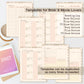 A collage of planner-style templates for book and movie lovers, including pages for a reading log, book gallery, film gallery, TV show gallery, book review, film review, and TV show review. The templates are shown on a light neutral background with a coffee cup, a tablet displaying '2027,' and text noting they can be duplicated as many times as needed.