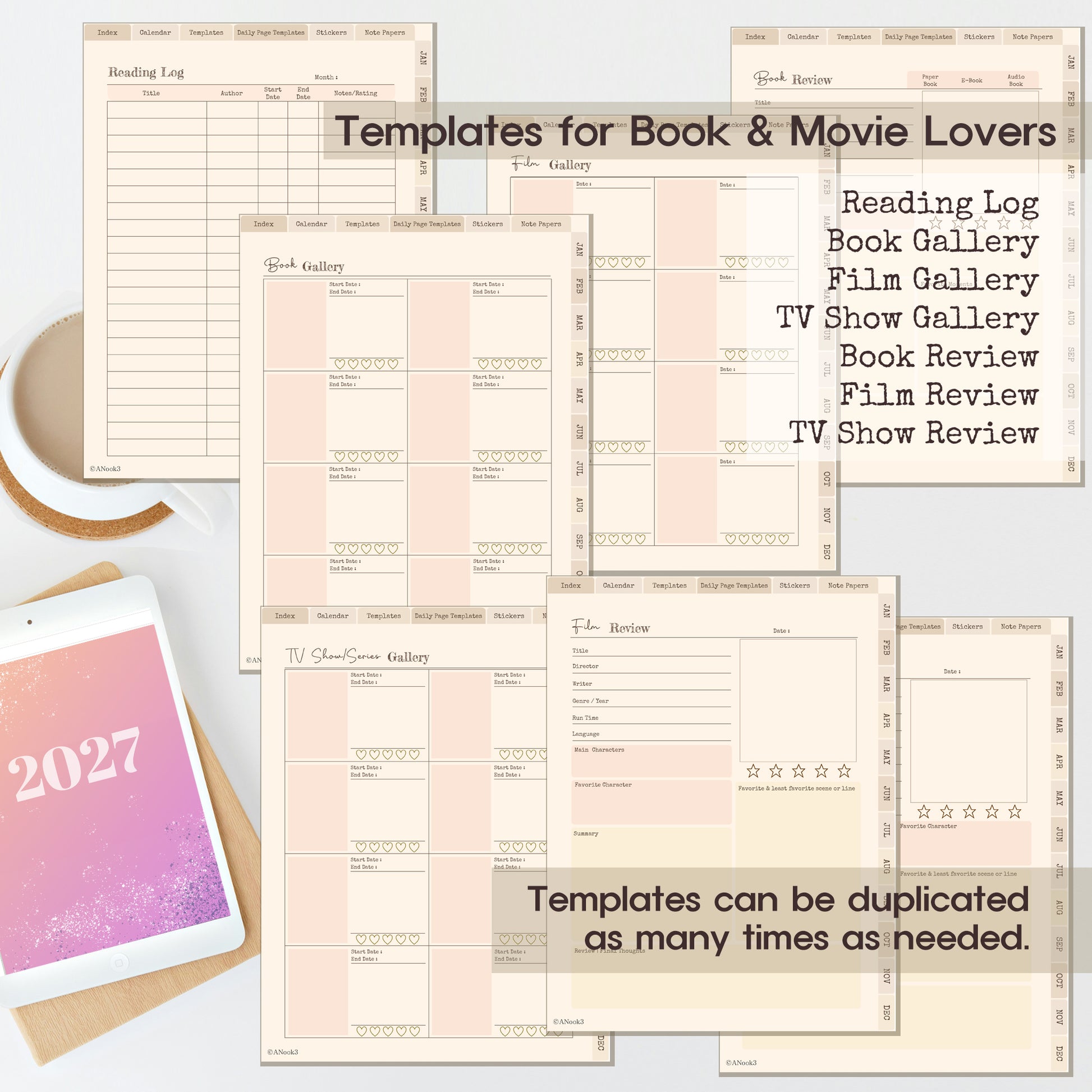 A collage of planner-style templates for book and movie lovers, including pages for a reading log, book gallery, film gallery, TV show gallery, book review, film review, and TV show review. The templates are shown on a light neutral background with a coffee cup, a tablet displaying '2027,' and text noting they can be duplicated as many times as needed.