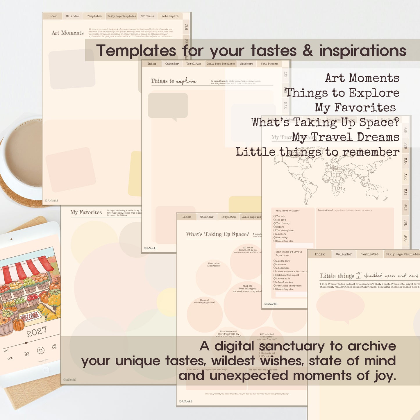 A collage of digital planner and mood tracker templates shown on a laptop, tablet, and desktop screens, with text overlays reading 'Templates for your tastes & inspirations' and 'A digital sanctuary to archive your unique tastes, wildest wishes, state of mind and unexpected moments of joy.'.
