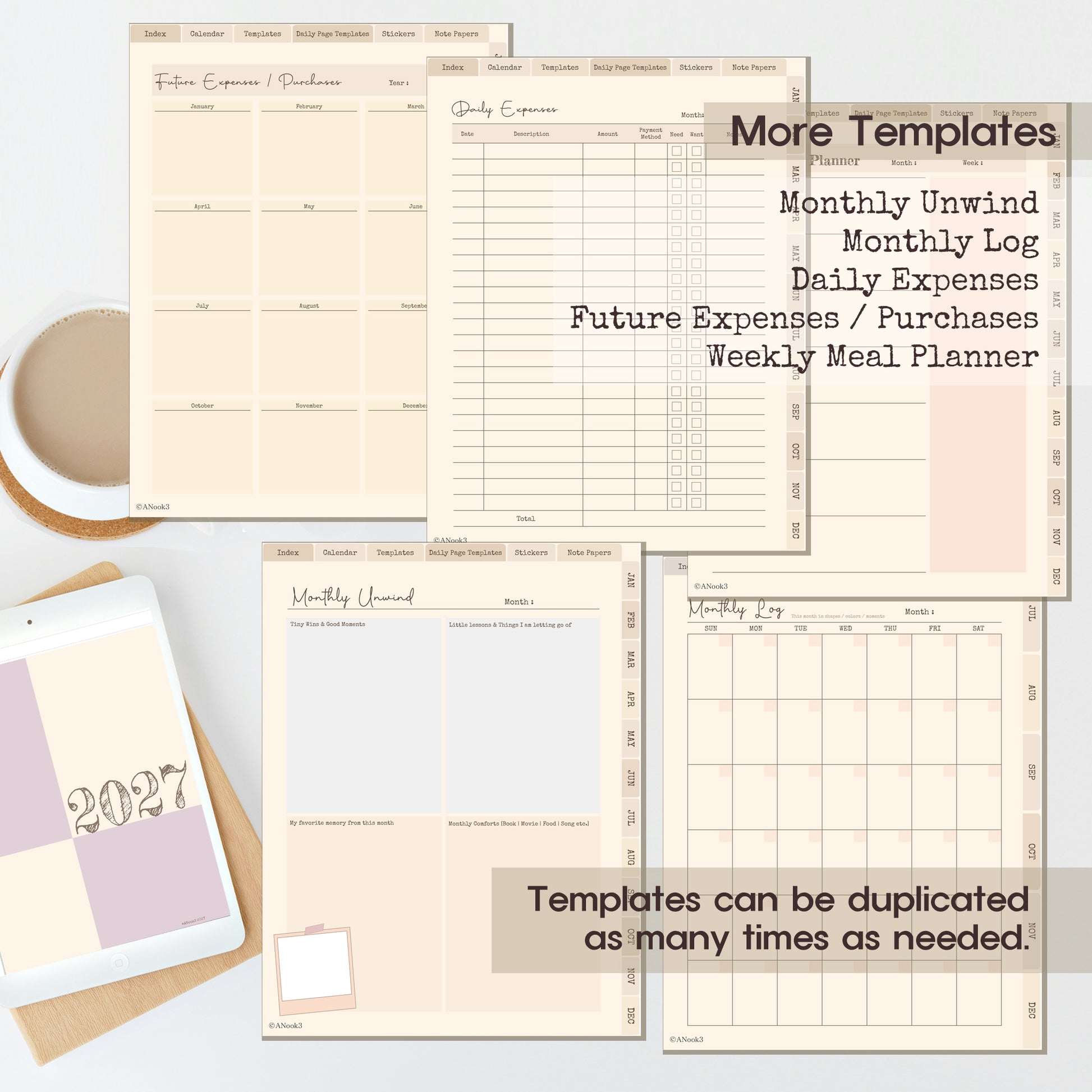 A flat-lay mockup of a digital planner template set shown on a tablet and printed sheets, with text overlays reading 'More Templates' and 'Templates can be duplicated as many times as needed.' The design uses soft beige, cream, and blush tones with neutral brown accents.