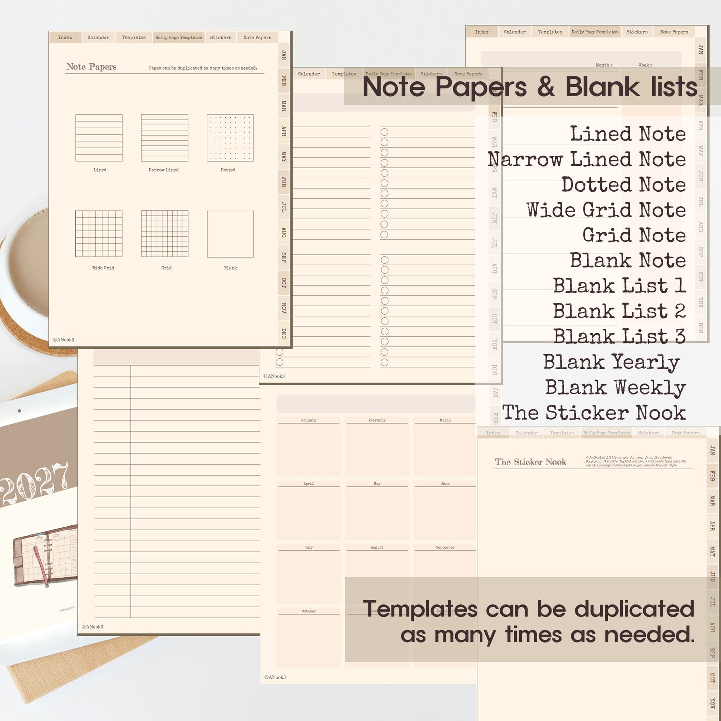 A collage showing multiple beige planner note paper and blank list template pages laid out on a white surface, with text labels naming different note paper styles and a sticker book page. This is a clean product presentation with no person or real environment as the main subject, so Product/Packaging fits best.