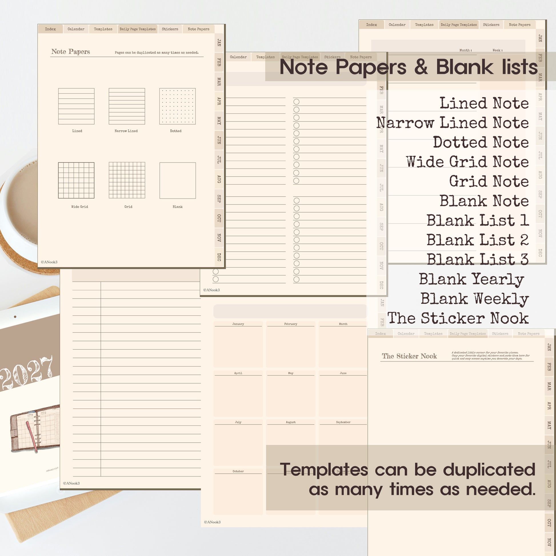 A collage showing multiple beige planner note paper and blank list template pages laid out on a white surface, with text labels naming different note paper styles and a sticker book page. This is a clean product presentation with no person or real environment as the main subject, so Product/Packaging fits best.