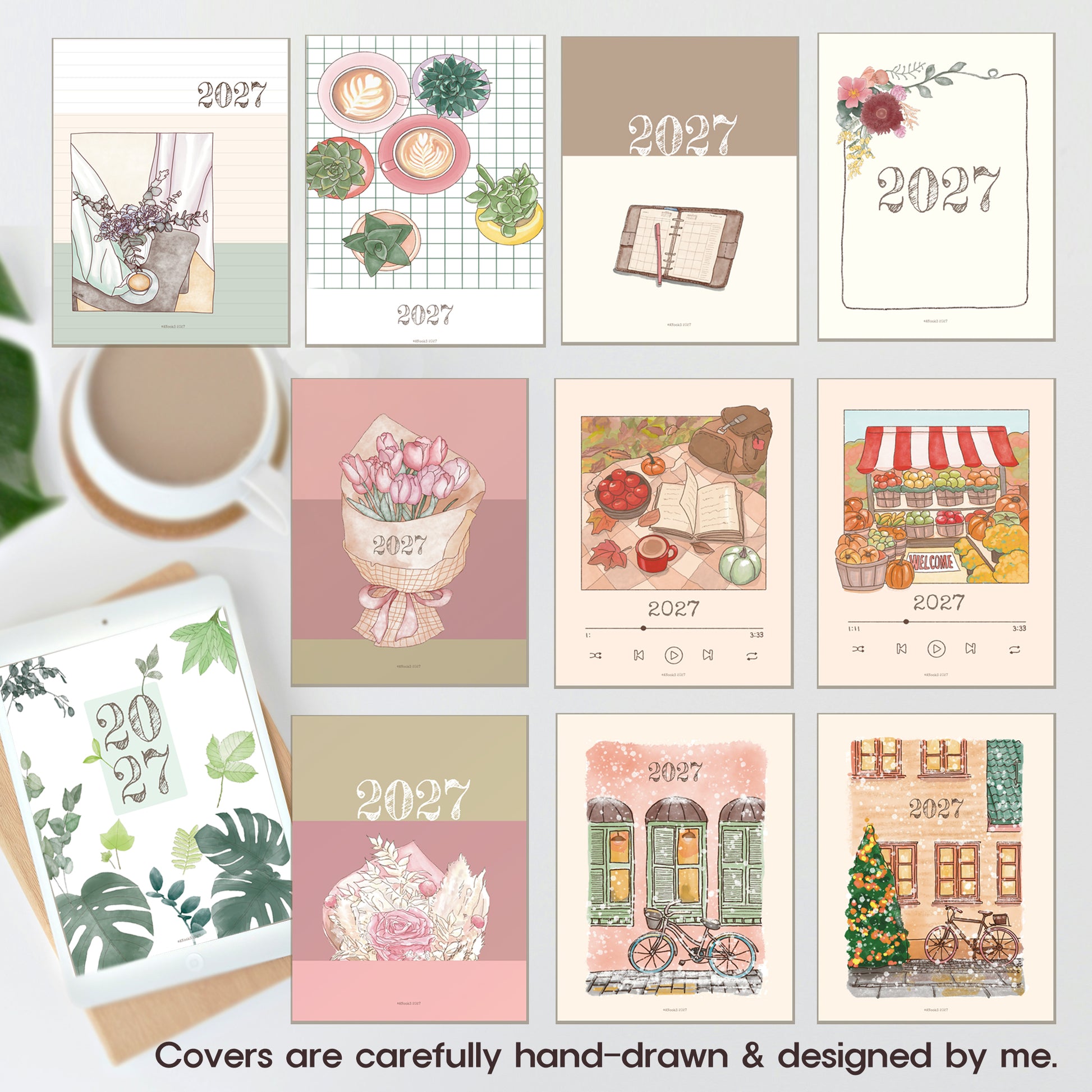A collage of illustrated 2027 calendar cover designs arranged on a light background, with a coffee cup and notebook as styled props. The covers feature pastel watercolor-style drawings including flowers, cups, a market stall, bicycle storefronts, leaves, and geometric patterns.
