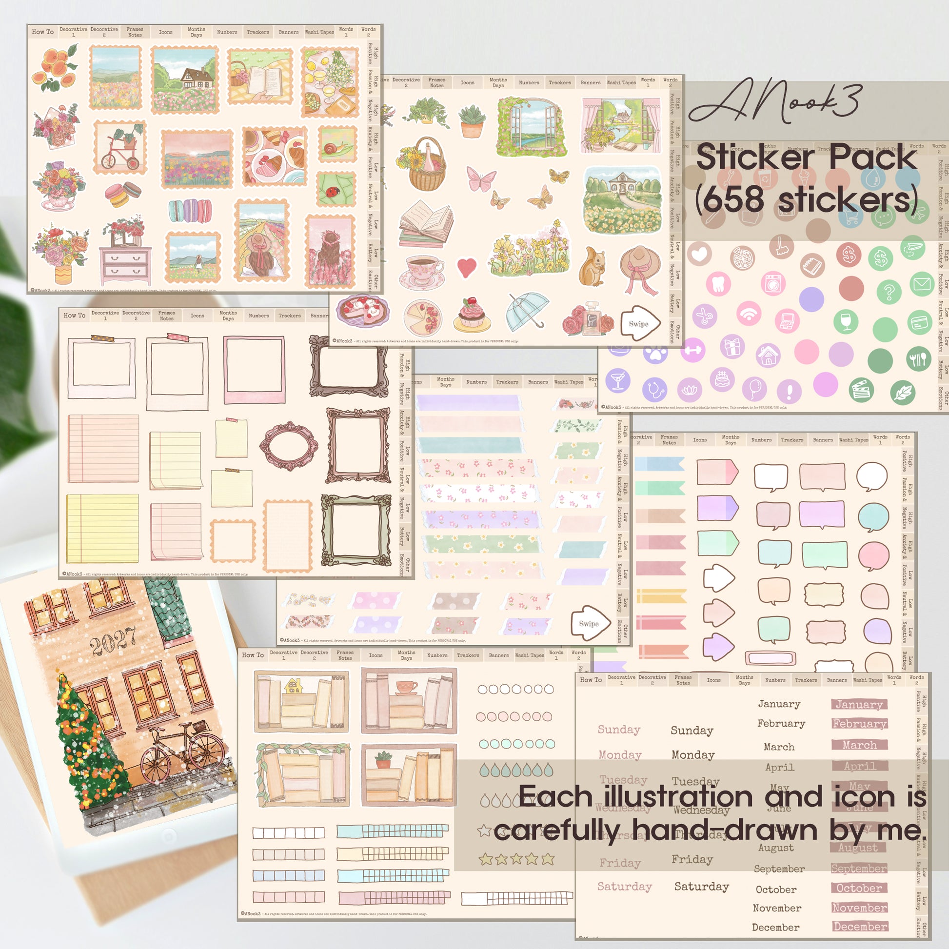 A collage showing multiple sticker sheet designs from a planner sticker pack. The sheets feature pastel illustrations of houses, bicycles, flowers, fruits, labels, icons, and weekly/date planners.