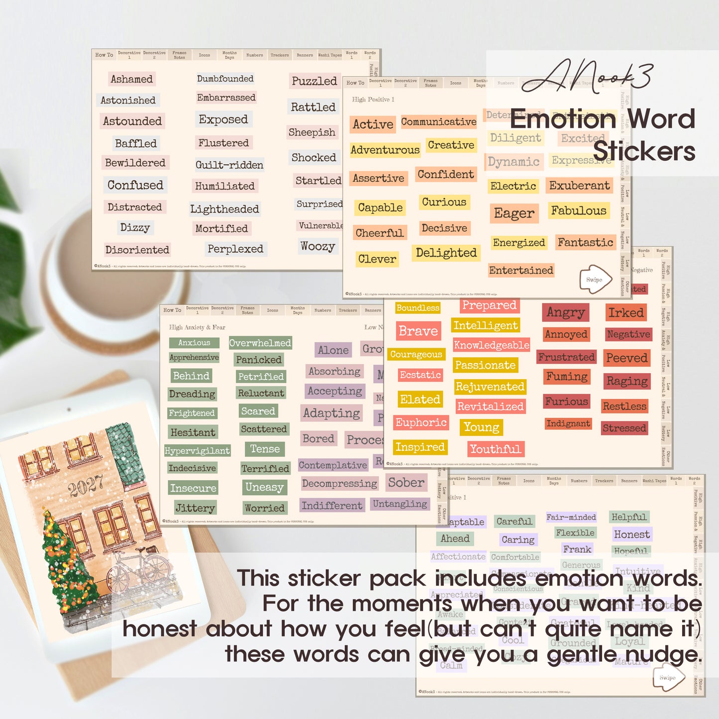 A collage showing multiple sheets of emotion word stickers arranged on a light surface, with a coffee cup in the background and a decorative card at lower left. The sheets contain rows of small rectangular stickers with words like ambitious, confident, doubtful, energetic, and hopeful.
