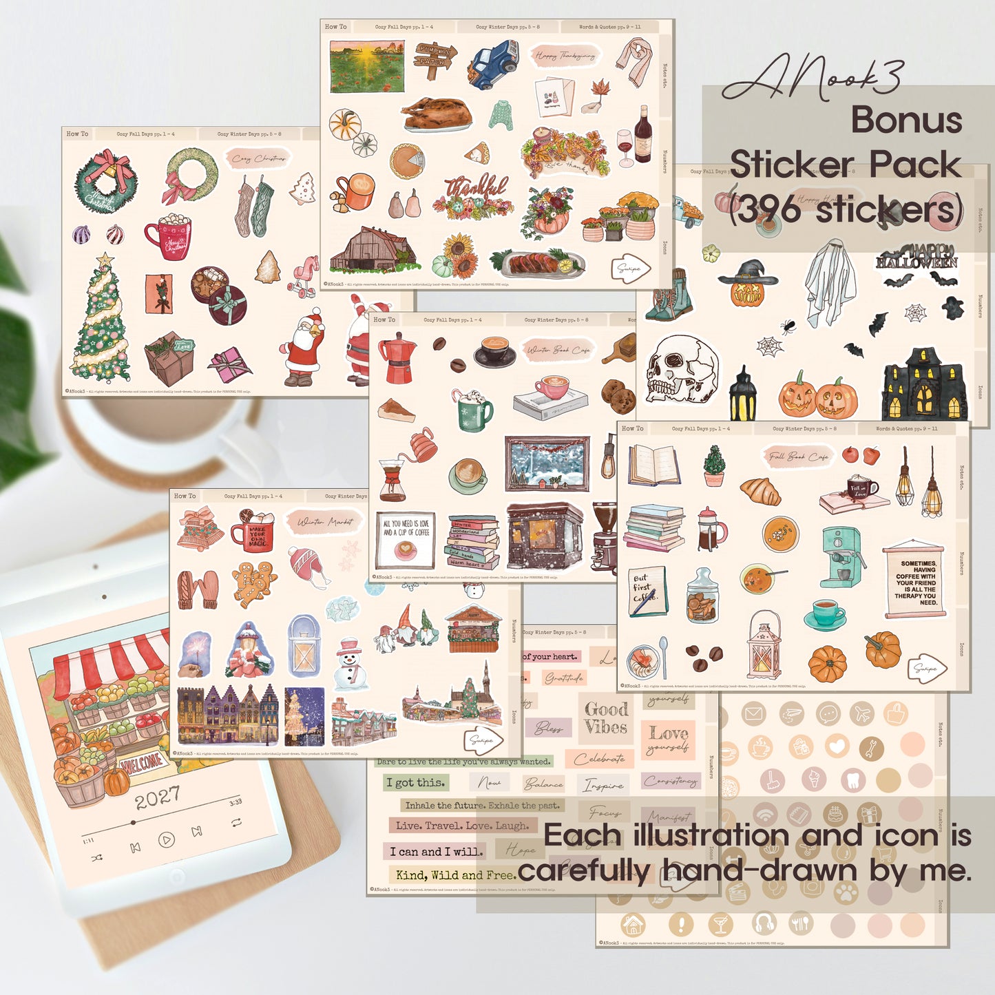 A collage of multiple sticker sheets featuring hand-drawn autumn and cozy illustration motifs, with text reading 'Bonus Sticker Pack (396 stickers)' and 'Each illustration and icon is carefully hand-drawn by me.' The sheets include seasonal and everyday cute drawings such as pumpkins, leaves, books, mugs, and storefront scenes, arranged on a light surface with a small plant and cup nearby.