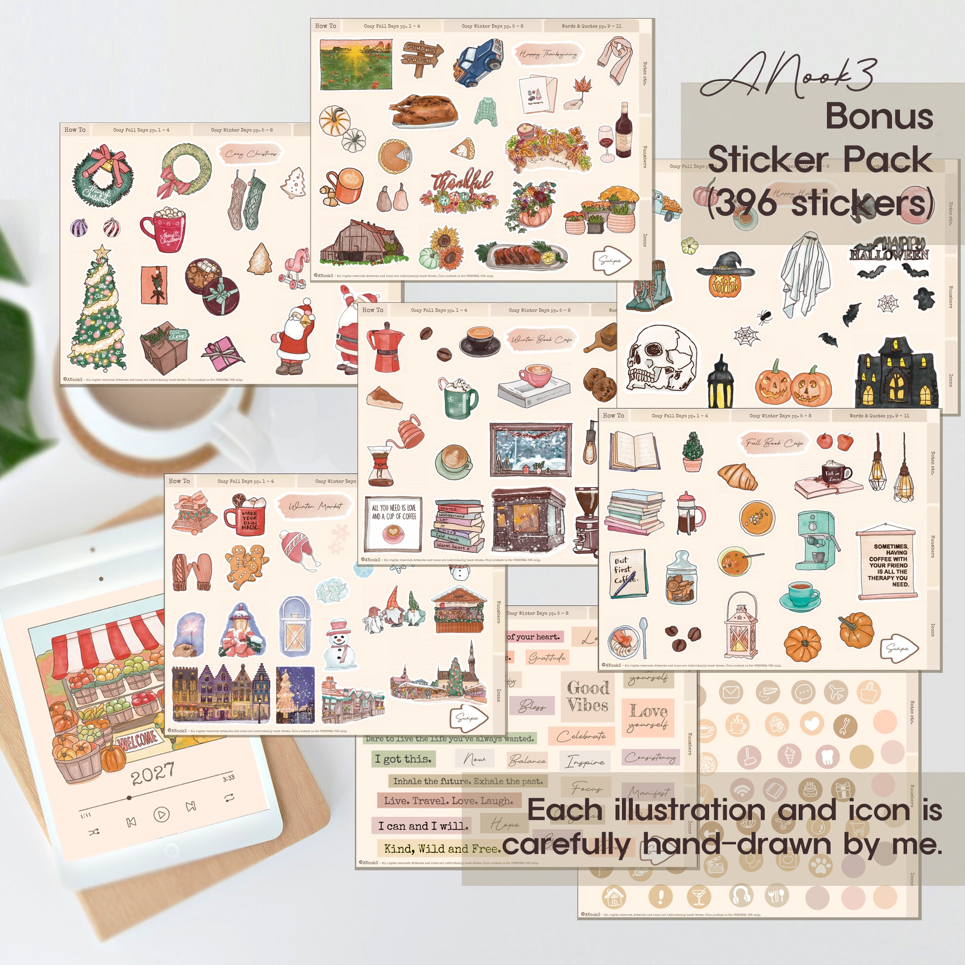 A collage of multiple sticker sheets featuring hand-drawn autumn and cozy illustration motifs, with text reading 'Bonus Sticker Pack (396 stickers)' and 'Each illustration and icon is carefully hand-drawn by me.' The sheets include seasonal and everyday cute drawings such as pumpkins, leaves, books, mugs, and storefront scenes, arranged on a light surface with a small plant and cup nearby.