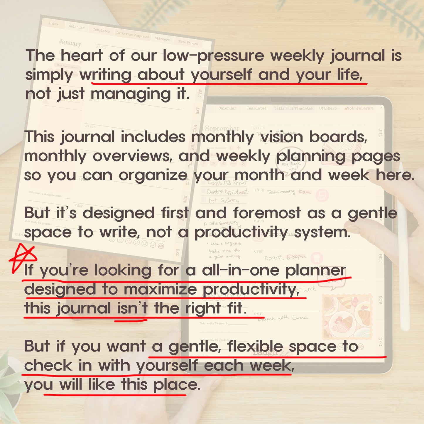 A promotional text graphic for a low-pressure weekly journal, featuring a laptop displaying a planner page and a notebook on a desk background. The text explains the journal's flexible, non-productivity writing style.