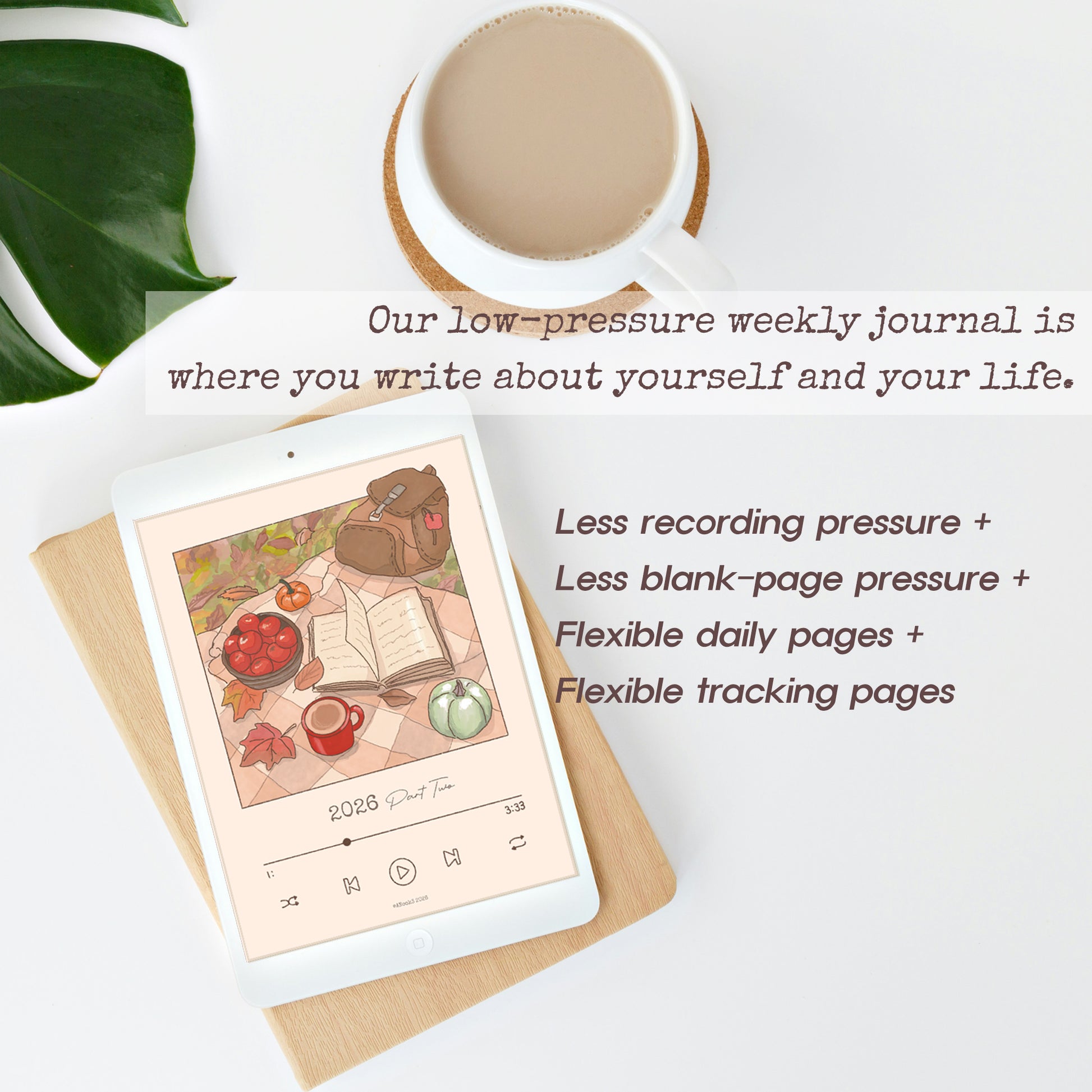 A weekly journal displayed on a tablet screen, styled in a flat-lay arrangement with a cup of coffee, a green leaf, and descriptive text on a white background.