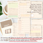 A collage showing multiple pages of a journaling and planner template set, including a monthly calendar, weekly pages, a vision board layout, a money check-in note, and a 2027 cover page. The pages are arranged on a light neutral background with a small plant leaf and part of a mug visible, plus promotional text at the bottom.