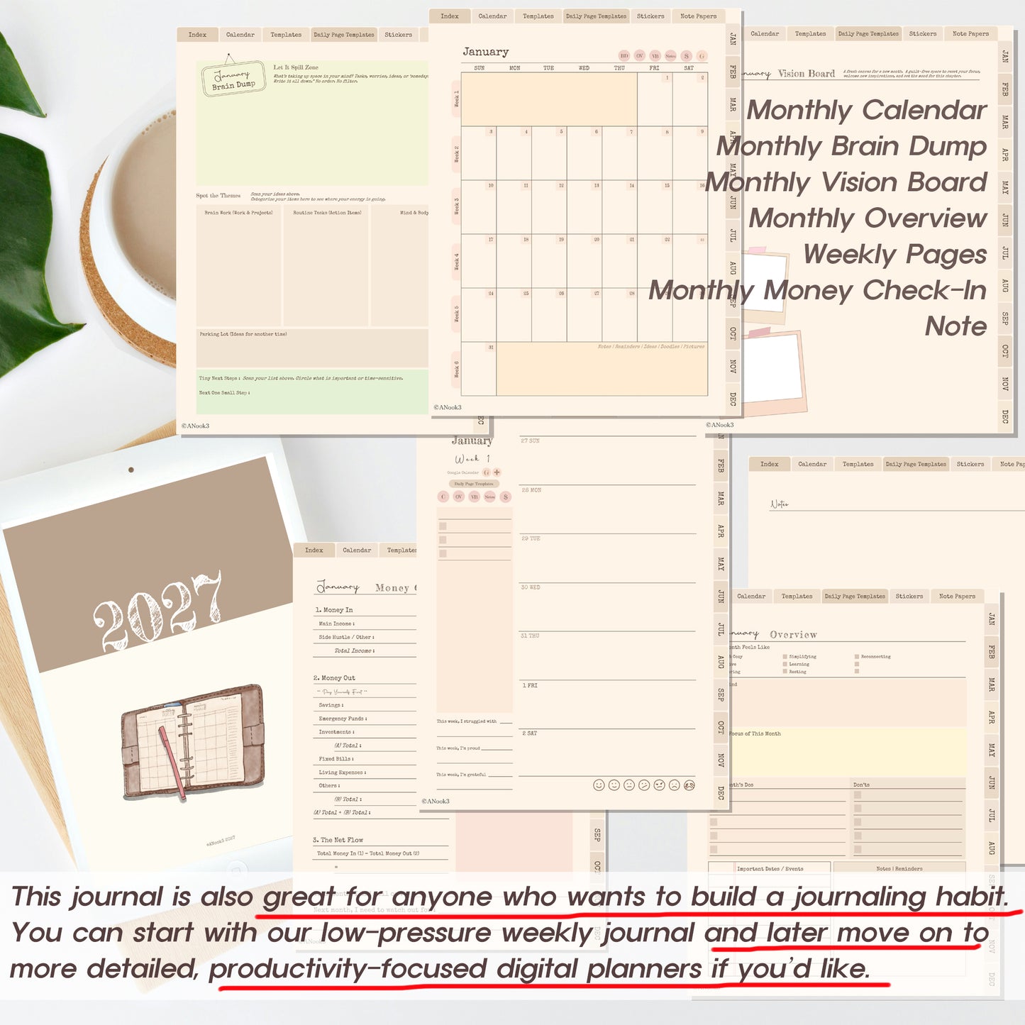 A collage showing multiple pages of a journaling and planner template set, including a monthly calendar, weekly pages, a vision board layout, a money check-in note, and a 2027 cover page. The pages are arranged on a light neutral background with a small plant leaf and part of a mug visible, plus promotional text at the bottom.