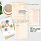 A styled flat-lay showing digital planner and calendar templates arranged on a light surface with a coffee cup, leaf, and notebook. The templates include monthly calendar pages, a weekly page, and daily page templates, with text noting links to Google Calendar and clickable links between pages.