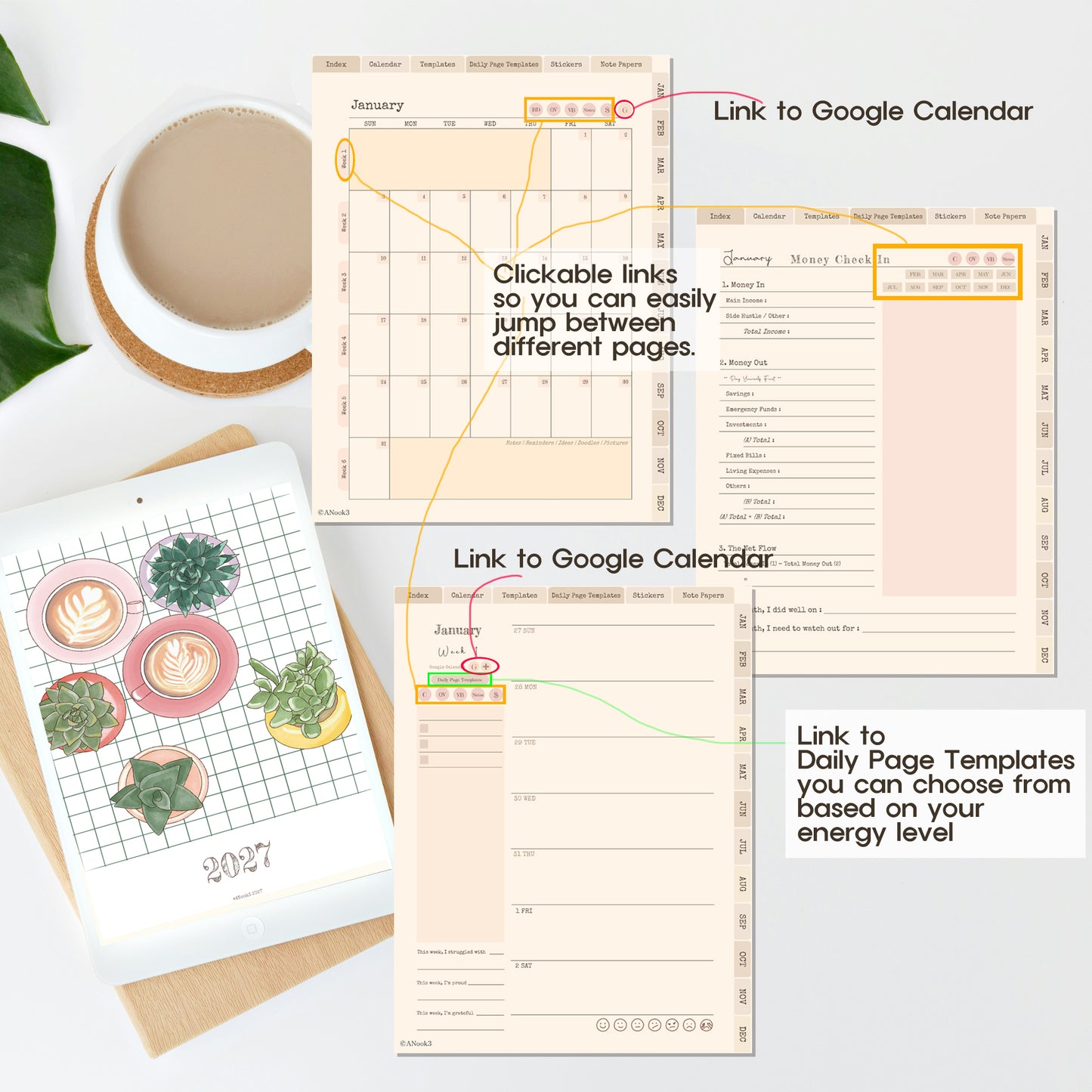 A styled flat-lay showing digital planner and calendar templates arranged on a light surface with a coffee cup, leaf, and notebook. The templates include monthly calendar pages, a weekly page, and daily page templates, with text noting links to Google Calendar and clickable links between pages.