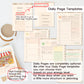 A collage showing digital daily page templates displayed on a tablet and printed sheets, with text explaining that Daily Pages are optional and listing four template options: High Energy Day, Normal Day, Low Energy Day, and Recovery Day. A coffee cup and a calendar page are also pictured as lifestyle/styling props.