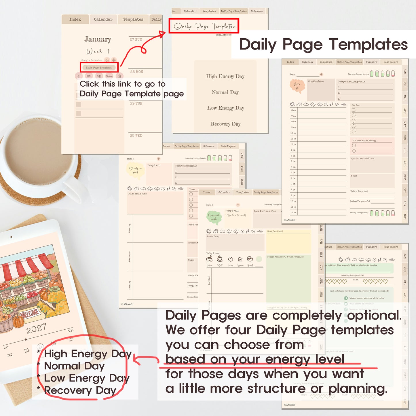 A collage showing digital daily page templates displayed on a tablet and printed sheets, with text explaining that Daily Pages are optional and listing four template options: High Energy Day, Normal Day, Low Energy Day, and Recovery Day. A coffee cup and a calendar page are also pictured as lifestyle/styling props.