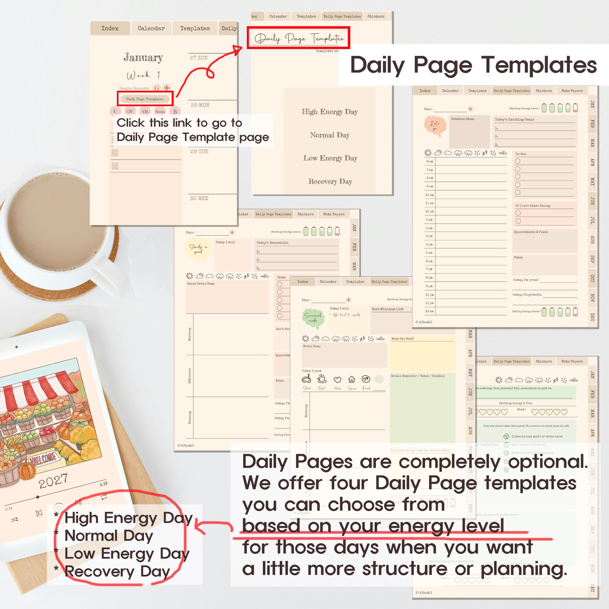 A collage showing digital daily page templates displayed on a tablet and printed sheets, with text explaining that Daily Pages are optional and listing four template options: High Energy Day, Normal Day, Low Energy Day, and Recovery Day. A coffee cup and a calendar page are also pictured as lifestyle/styling props.