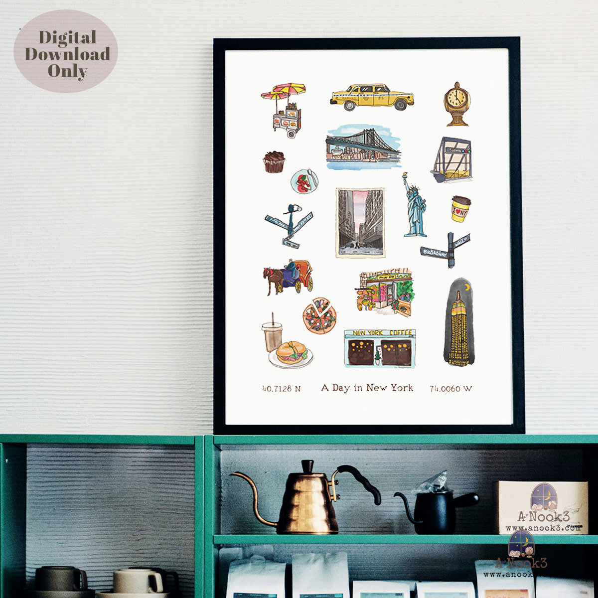 A Day in New York Travel Poster | Printable New York Wall Art