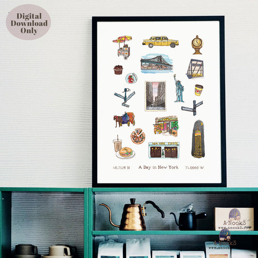 A Day in New York Travel Poster | Printable New York Wall Art