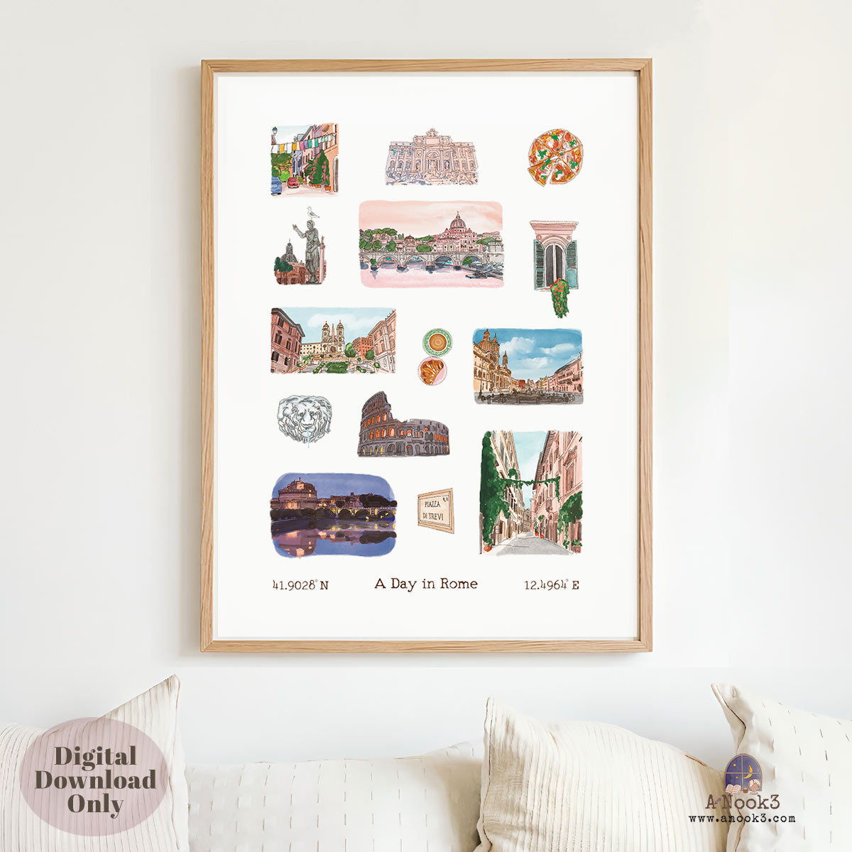 A Day in Rome Travel Poster | Printable Rome Wall Art