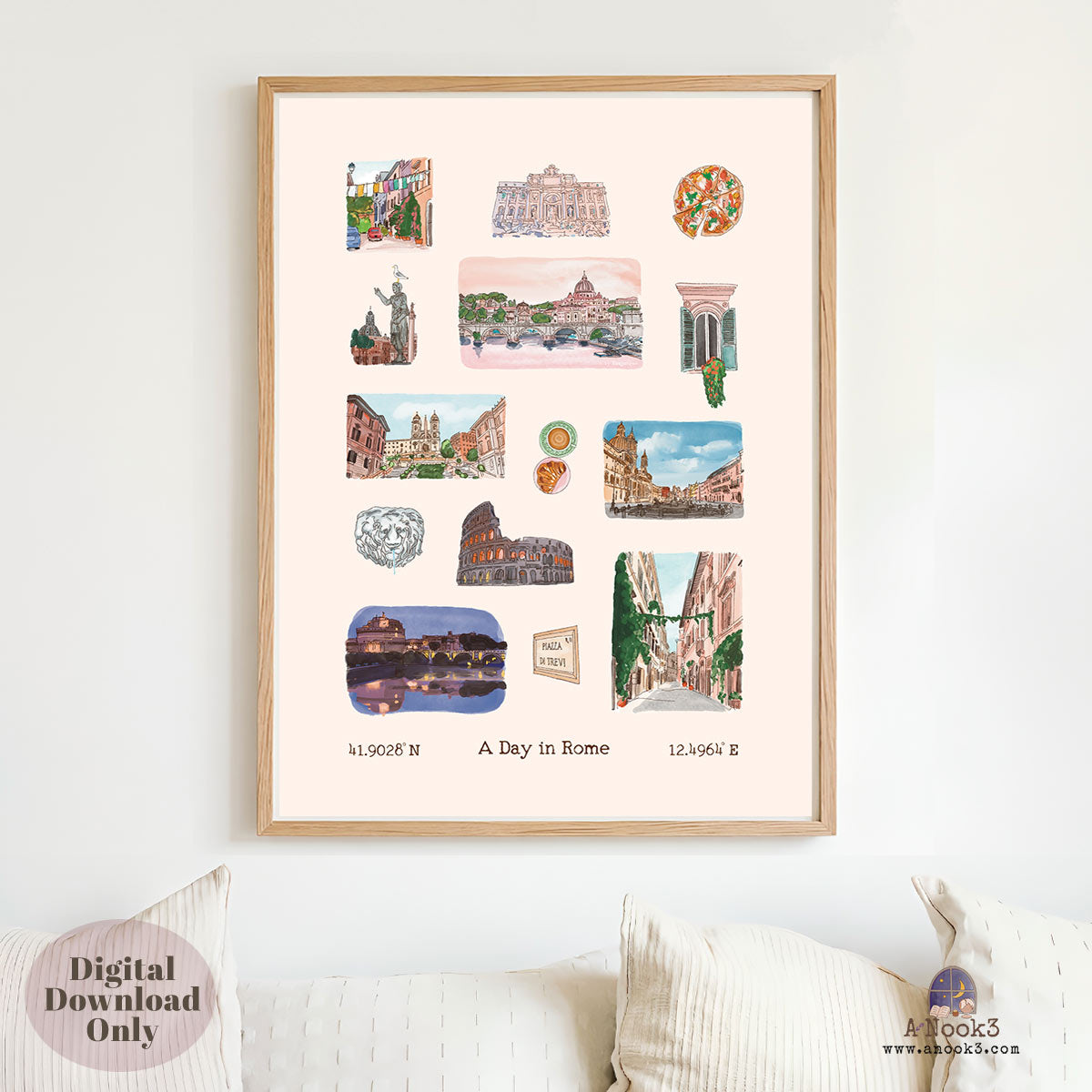 A Day in Rome Travel Poster | Printable Rome Wall Art