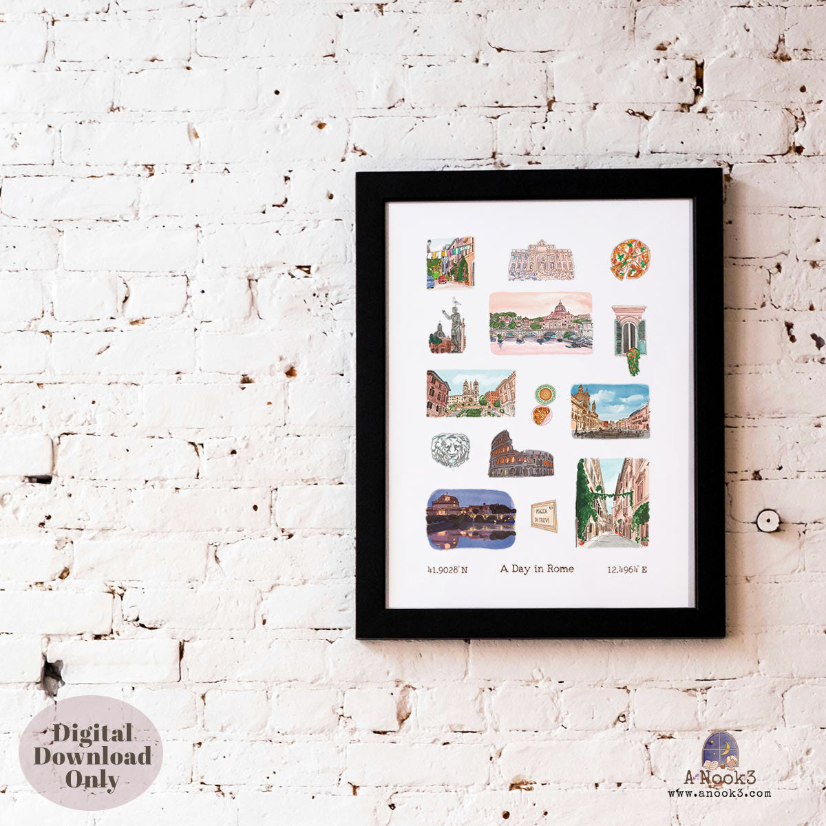 A Day in Rome Travel Poster | Printable Rome Wall Art
