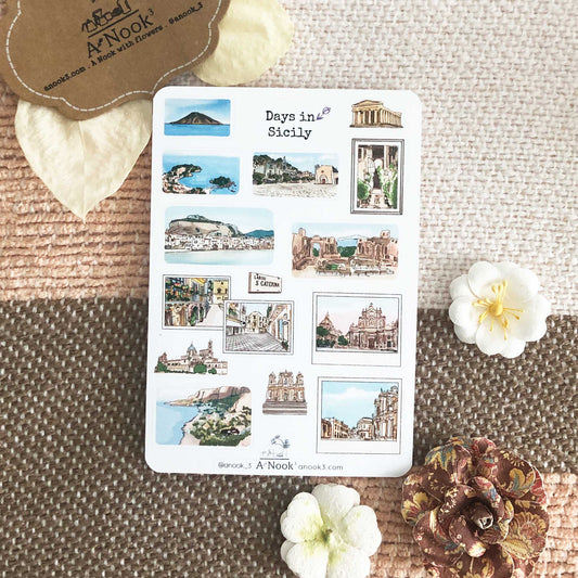 Our Sicily sticker sheet is filled with its beautiful historical sites, attractions and streets in Palermo, Taormina, Catania, Syracuse and Nato that will make your memory of Sicily more personal, beautiful and special.  It will also make a perfect gift for your loved ones who love this beautiful Island in the Mediterranean Sea.