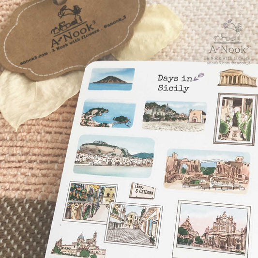 Our Sicily sticker sheet is filled with its beautiful historical sites, attractions and streets in Palermo, Taormina, Catania, Syracuse and Nato that will make your memory of Sicily more personal, beautiful and special.  It will also make a perfect gift for your loved ones who love this beautiful Island in the Mediterranean Sea.