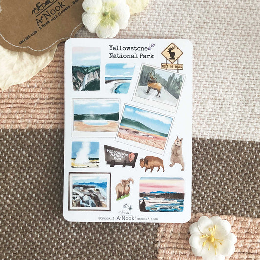 Yellowstone National Park mostly in Wyoming, spreading into parts of Montana and Idaho is beautifully illustrated with soft and bright colors on our travel sticker sheet. Journal your beautiful memories with Yellowstone with our stickers!