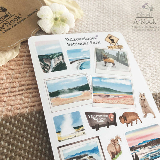 Yellowstone National Park mostly in Wyoming, spreading into parts of Montana and Idaho is beautifully illustrated with soft and bright colors on our travel sticker sheet. Journal your beautiful memories with Yellowstone with our stickers!