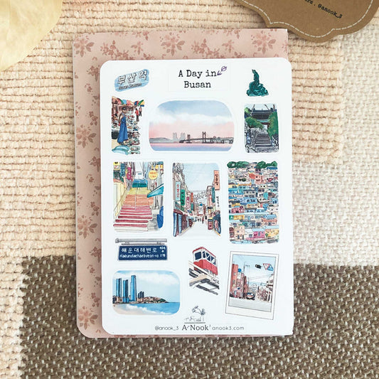 Busan, South Korea's second largest city, sticker sheet is filled with the city's beautiful beaches, streets and attractions.  This sticker sheet will make your Busan travel more personal, memorable and special. It will also make a perfect gift for your loved ones who love this beautiful city.